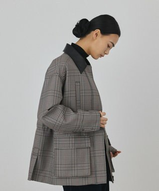 GRACE CONTINENTAL レザー衿ハンティングジャケット チェック