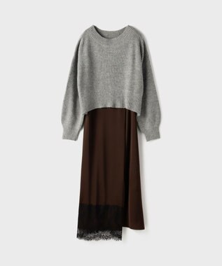 GRACE CONTINENTAL サテンレースニットワンピース グレー