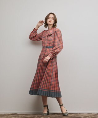 GRACE CONTINENTAL バイカラーチェックプリントワンピース レッド