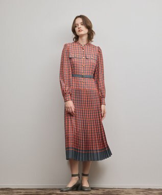 GRACE CONTINENTAL バイカラーチェックプリントワンピース レッド