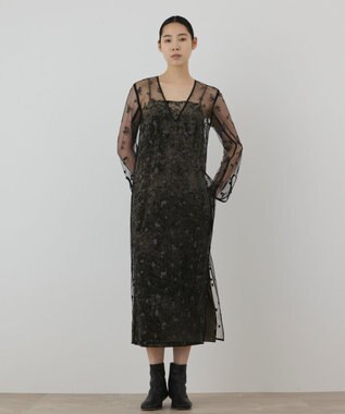 GRACE CONTINENTAL 刺繍レイヤードベロアワンピース カーキ