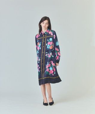 GRACE CONTINENTAL ボタニカルスカーフプリントワンピース ネイビー