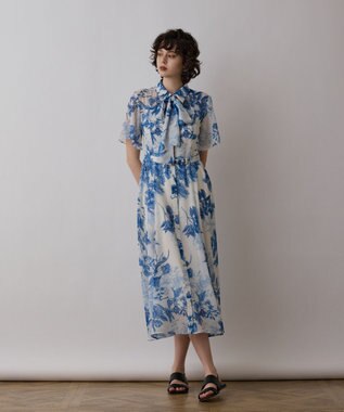 GRACE CONTINENTAL シャドーフラワープリントワンピース ブルー