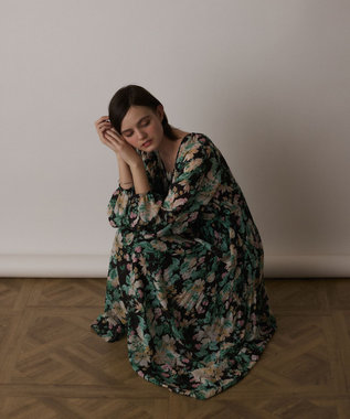 GRACE CONTINENTAL フラワープリントカフタンドレス ブラック