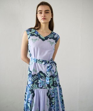 GRACE CONTINENTAL フレームプリントギャザーワンピース ネイビー