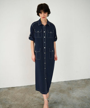 GRACE CONTINENTAL 配色ステッチワークシャツワンピース ネイビー