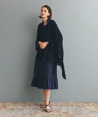 GRACE CONTINENTAL ニットフリンジケープ ネイビー