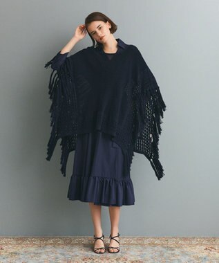 GRACE CONTINENTAL ニットフリンジケープ ネイビー