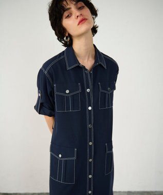 GRACE CONTINENTAL 配色ステッチワークシャツワンピース ネイビー
