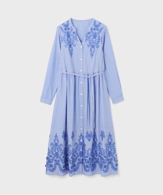 GRACE CONTINENTAL ストライプ刺繍ワンピース ブルー