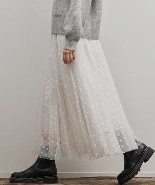 GRACE CONTINENTAL フロッキードットプリーツスカート ホワイト