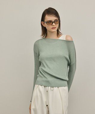 GRACE CONTINENTAL ラメリブクルーニットトップ グリーン