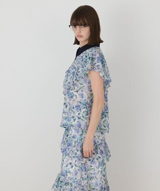 GRACE CONTINENTAL フラワープリントラッフルフリルブラウス ブルー