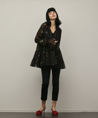 GRACE CONTINENTAL ボタニカルプリントチュニックトップ ブラック