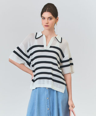 GRACE CONTINENTAL ワッフルボーダートップ ホワイト