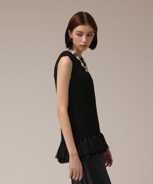 GRACE CONTINENTAL チュールフリンジニットトップ ブラック