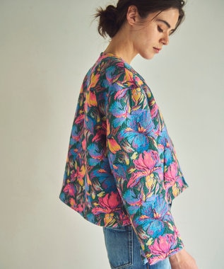 GRACE CONTINENTAL フラワージャガードノーカラージャケット ブルー