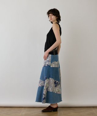 GRACE CONTINENTAL スカーフコンビデニムスカート ネイビー