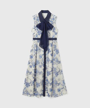GRACE CONTINENTAL フラワー刺繍ボウタイドレス ブルー