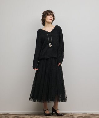 GRACE CONTINENTAL フロッキードットプリーツスカート ブラック