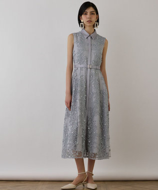 GRACE CONTINENTAL フラワーライン刺繍ワンピース グレー