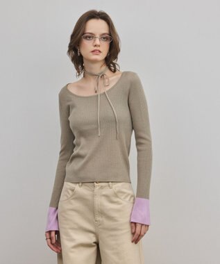 GRACE CONTINENTAL バイカラーリブニットトップ カーキ