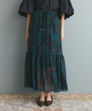 GRACE CONTINENTAL ラメストライププリントスカート ブラック