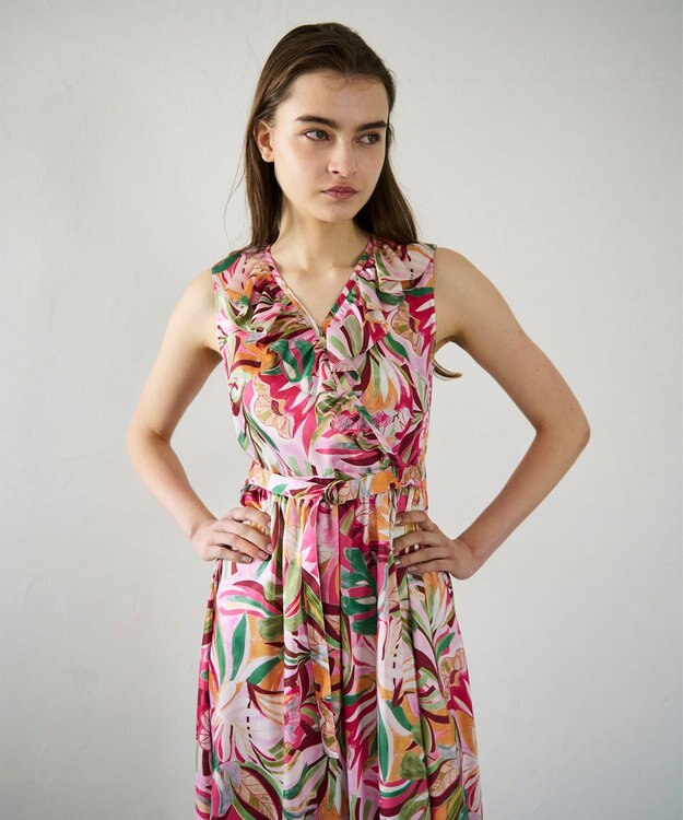 GRACE CONTINENTAL リーフプリントワンピース ピンク