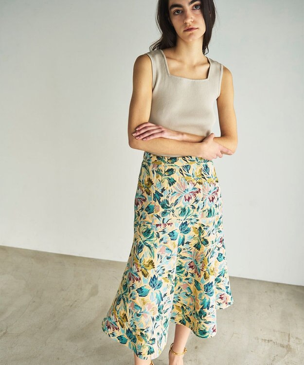 GRACE CONTINENTAL フラワージャガードフレアスカート イエロー