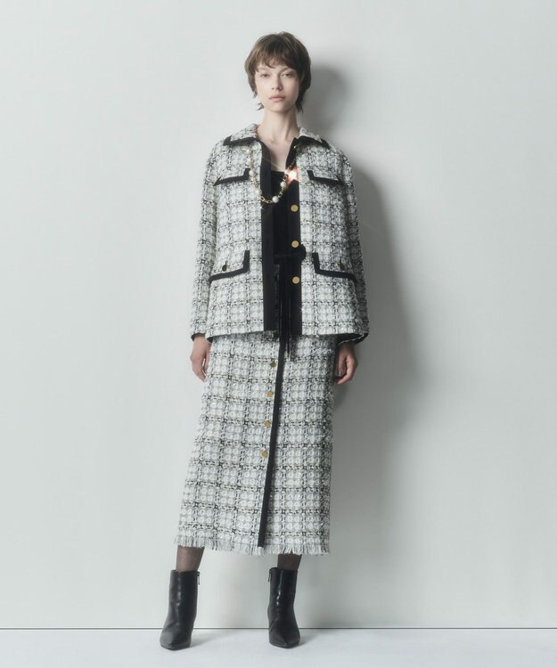 GRACE CONTINENTAL トリミングツイードスカート ホワイト