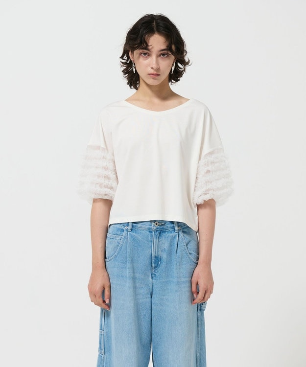 GRACE CONTINENTAL チュールフリルスリーブトップ ホワイト