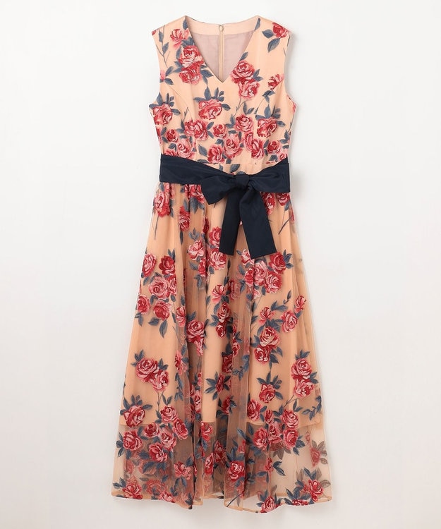 GRACE CONTINENTAL ローズ刺繍フレアドレス ベージュ