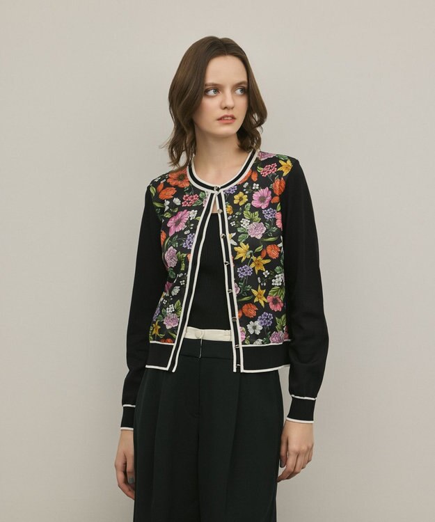 GRACE CONTINENTAL フラワープリントニットカーディガン ブラック