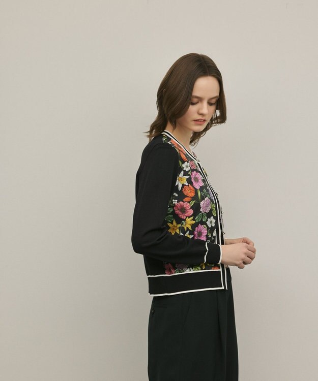 GRACE CONTINENTAL フラワープリントニットカーディガン ブラック