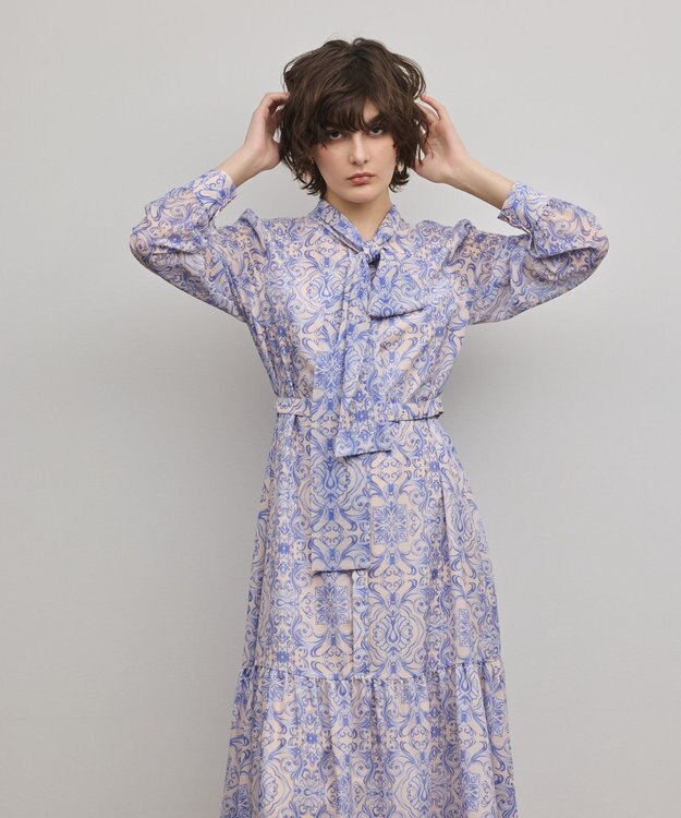 GRACE CONTINENTAL ダマスク柄風プリントワンピース ブルー
