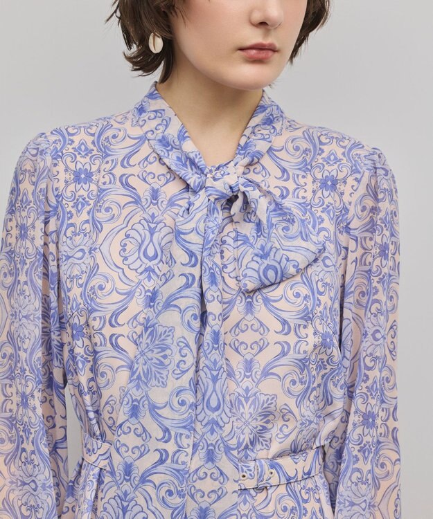 GRACE CONTINENTAL ダマスク柄風プリントワンピース ブルー