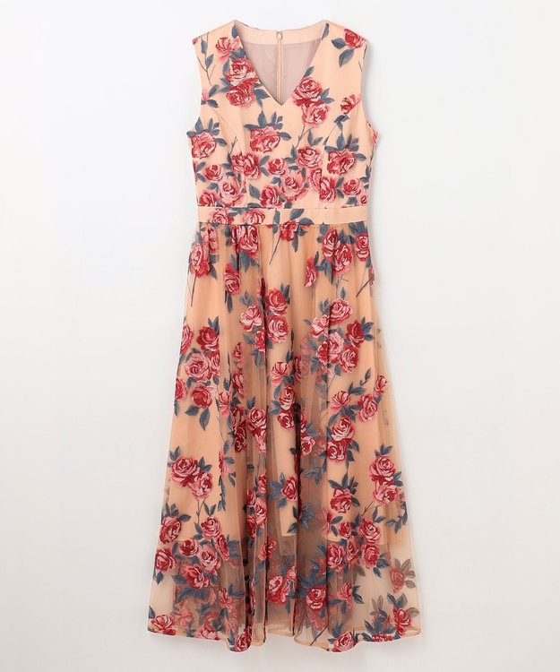 GRACE CONTINENTAL ローズ刺繍フレアドレス ベージュ