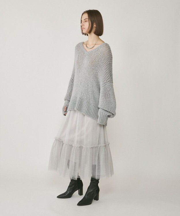 GRACE CONTINENTAL ラメチュールギャザースカート ホワイト