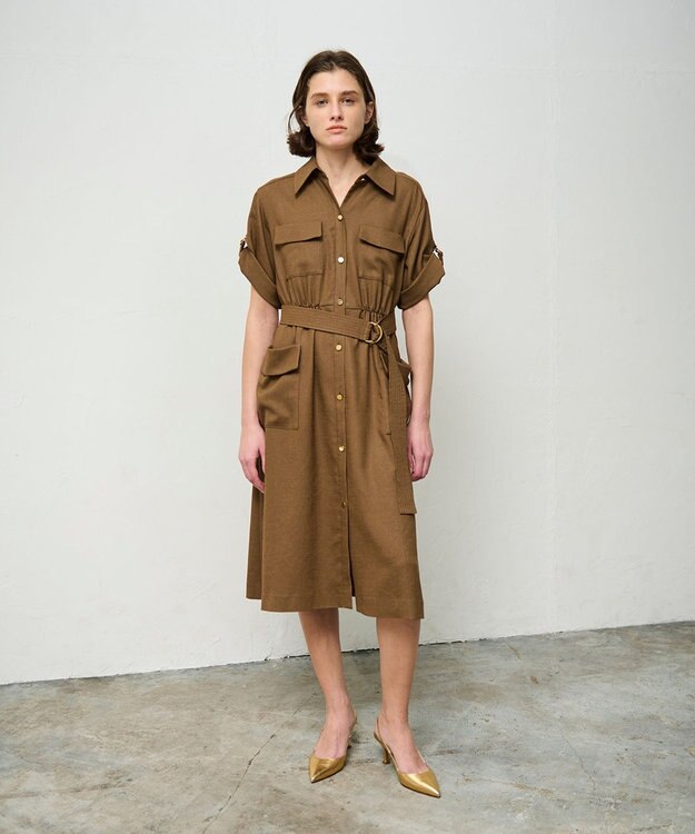 GRACE CONTINENTAL リネンタッチサファリドレス ブラウン