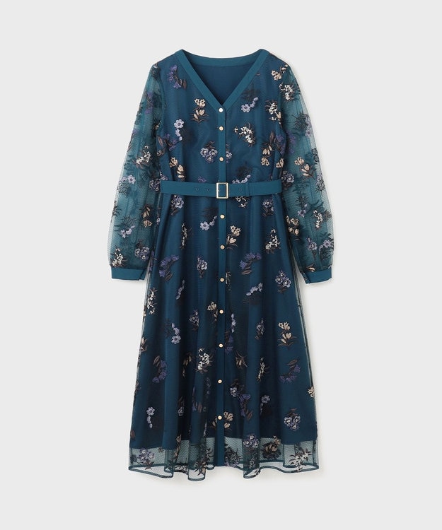 GRACE CONTINENTAL チュールフラワー刺繍ワンピース ブルー