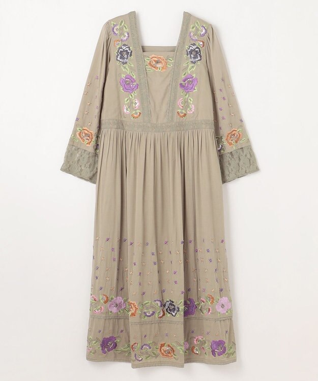 GRACE CONTINENTAL フラワー刺繍エスニックワンピース カーキ