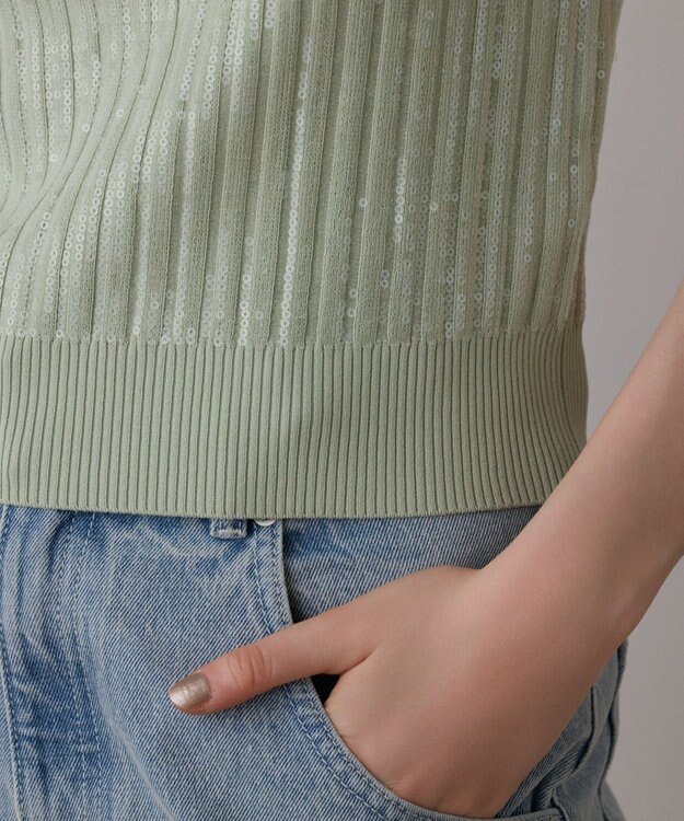 GRACE CONTINENTAL スパンコールニットノースリーブ ライトグリーン