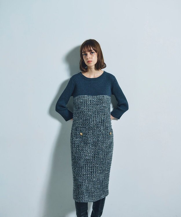 GRACE CONTINENTAL ニットコンビツイードワンピース グレー