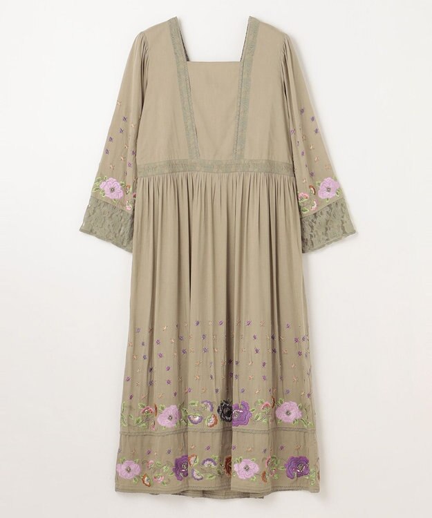 GRACE CONTINENTAL フラワー刺繍エスニックワンピース カーキ
