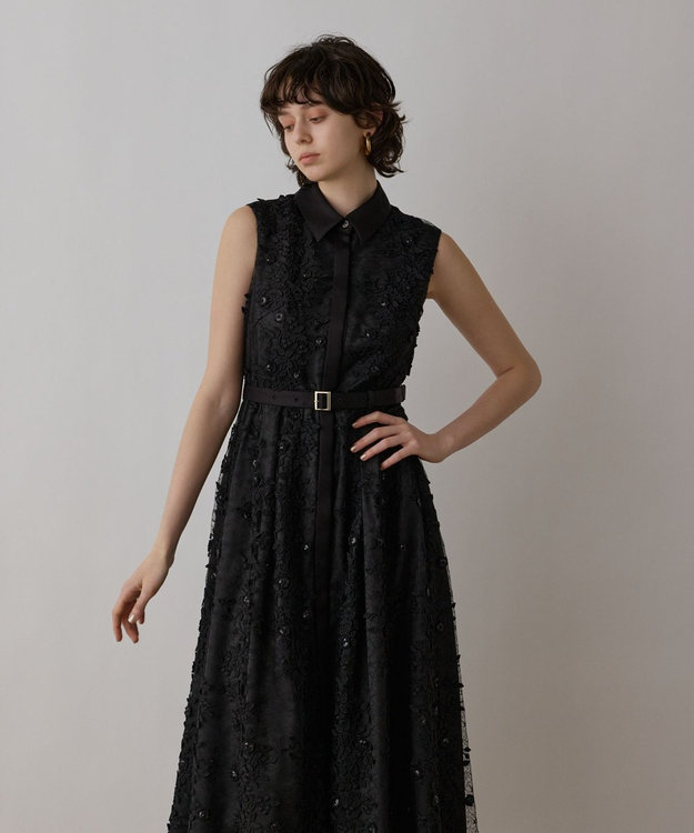 GRACE CONTINENTAL フラワーライン刺繍ワンピース ブラック