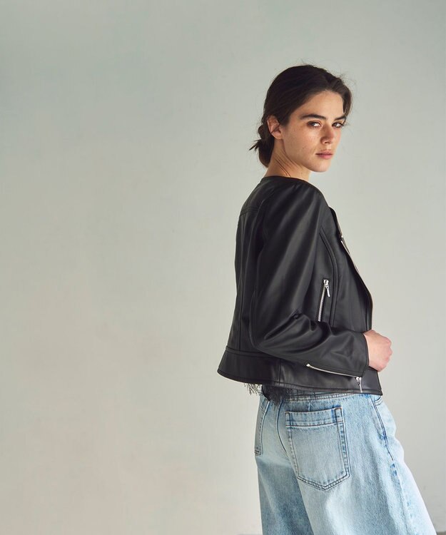 GRACE CONTINENTAL ノーカラーレザーライダースジャケット ブラック