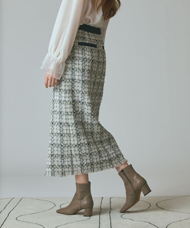GRACE CONTINENTAL トリミングツイードスカート ホワイト