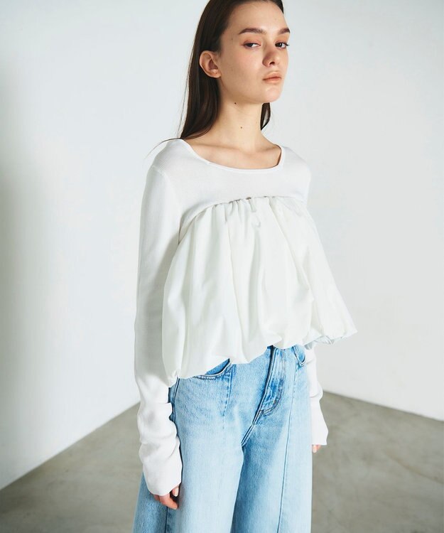 GRACE CONTINENTAL タフタケープ付ニットトップ ホワイト