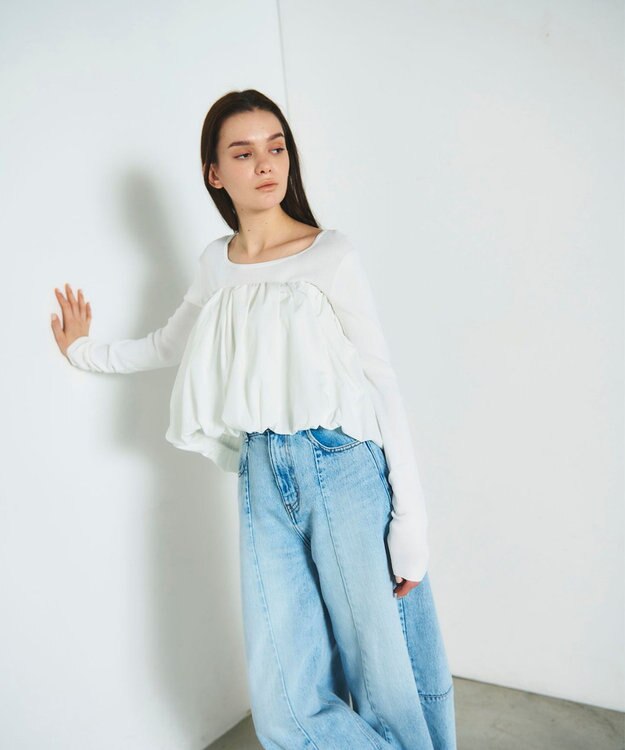 GRACE CONTINENTAL タフタケープ付ニットトップ ホワイト