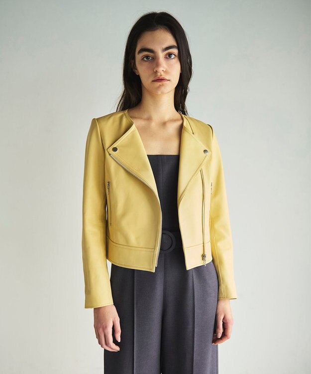 GRACE CONTINENTAL ノーカラーレザーライダースジャケット イエロー